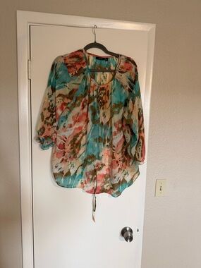 Apt. 9 Turquoise Multi Floral Tie-Front Sheer Blouse